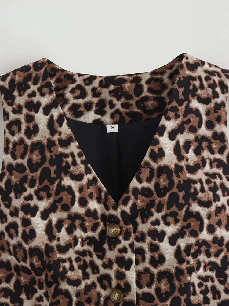 JazzHer Women's Vest Fashion Leopard Summer V-Neck Single-breasted Vest Top Ladies Casual Cropped Sleeveless Coat New In Vests Female