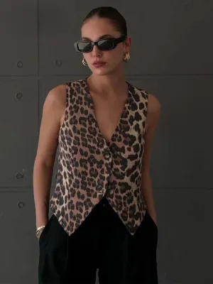 JazzHer Women's Vest Fashion Leopard Summer V-Neck Single-breasted Vest Top Ladies Casual Cropped Sleeveless Coat New In Vests Female
