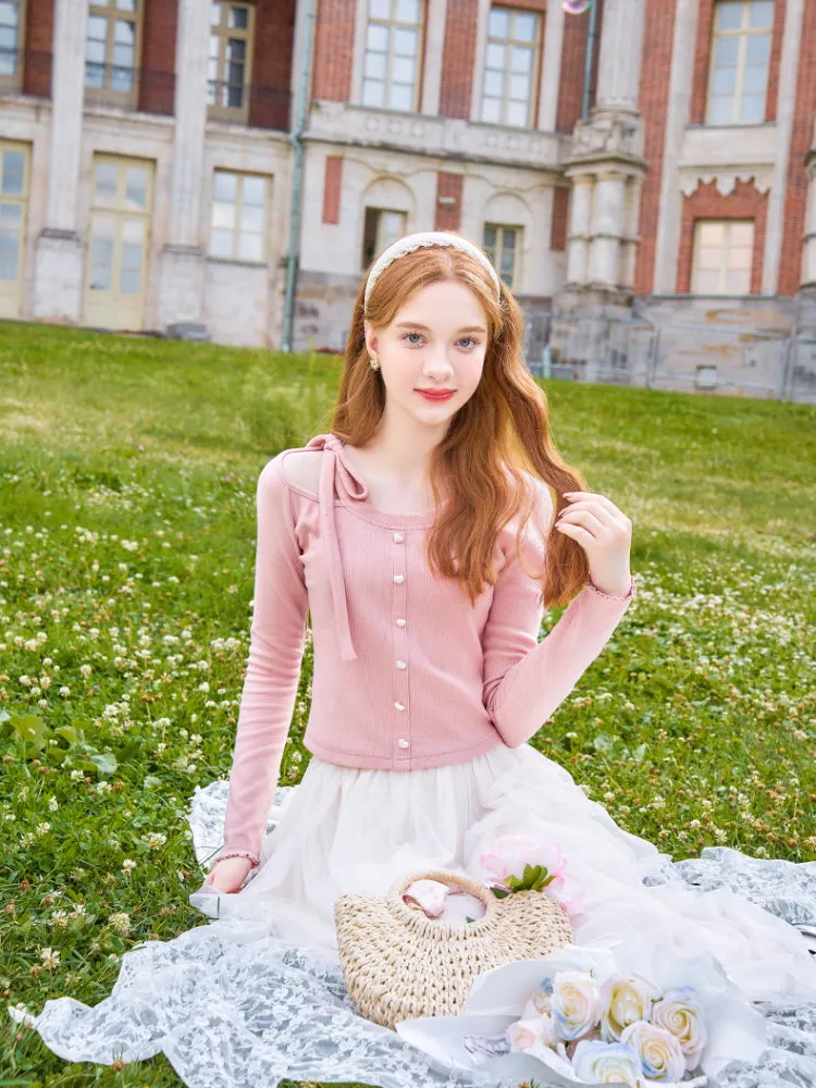 Kawaii Ribbon Tie Pearl Button Tee