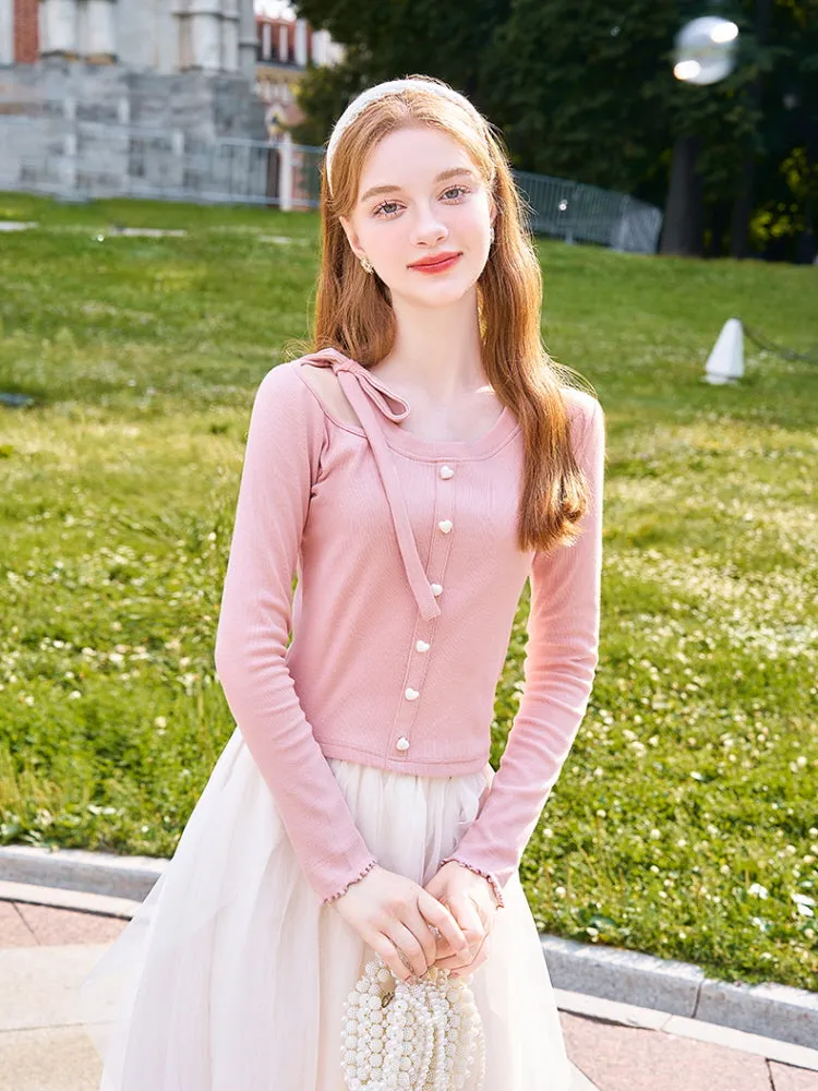 Kawaii Ribbon Tie Pearl Button Tee