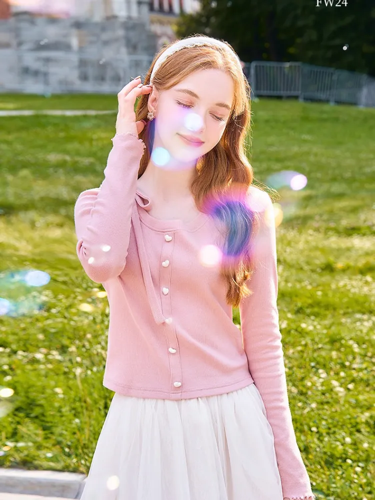 Kawaii Ribbon Tie Pearl Button Tee