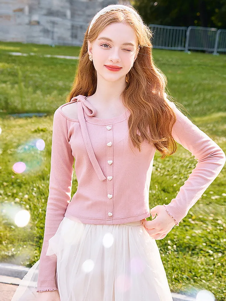 Kawaii Ribbon Tie Pearl Button Tee