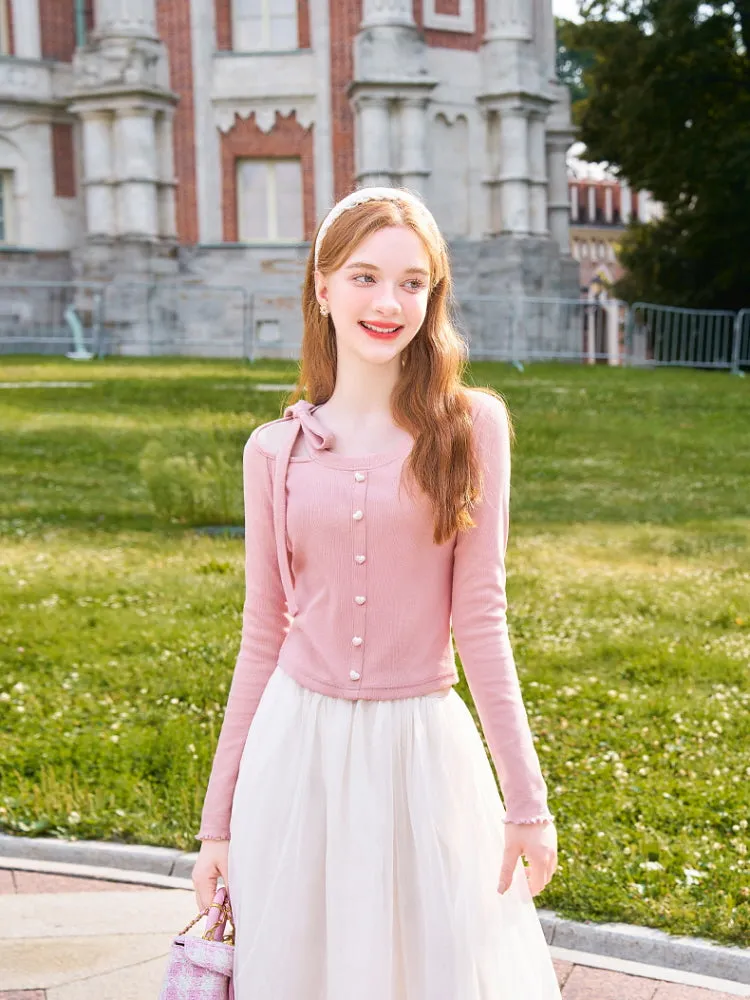 Kawaii Ribbon Tie Pearl Button Tee