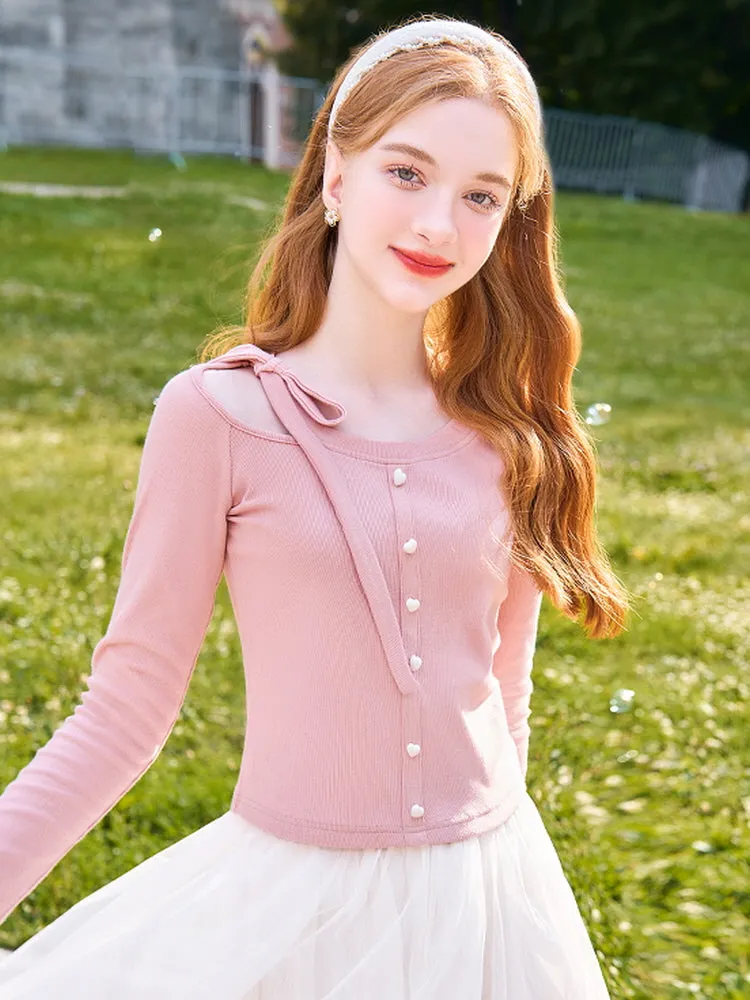 Kawaii Ribbon Tie Pearl Button Tee