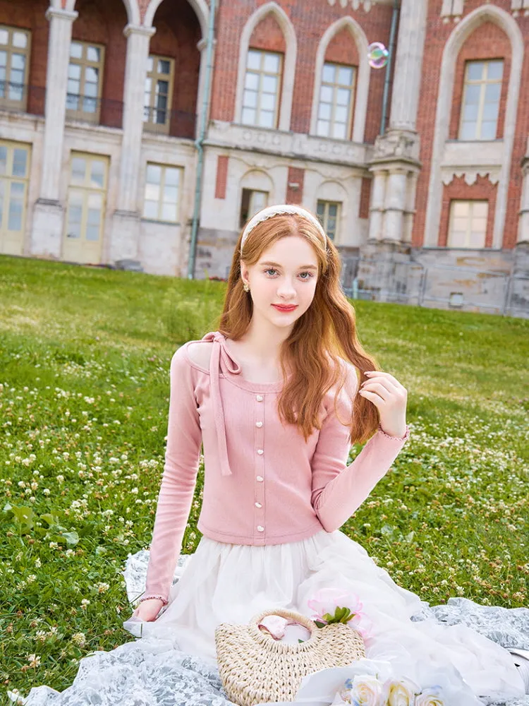 Kawaii Ribbon Tie Pearl Button Tee