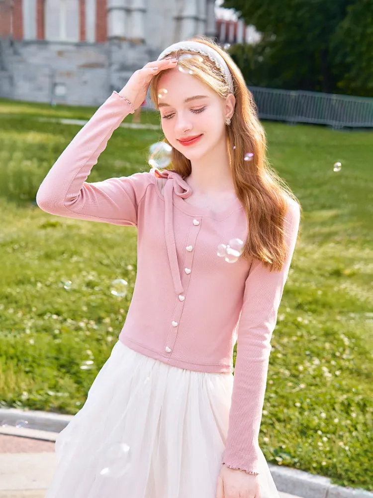 Kawaii Ribbon Tie Pearl Button Tee