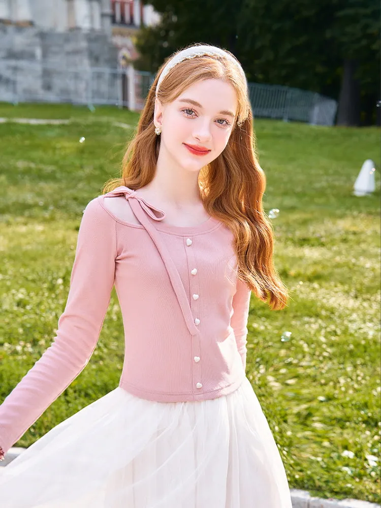 Kawaii Ribbon Tie Pearl Button Tee