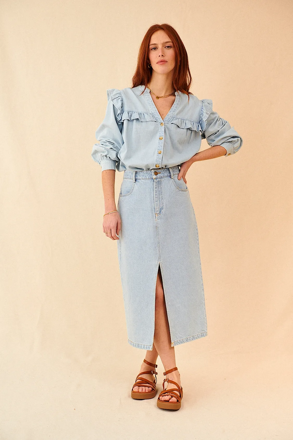 Kelly Denim Midi Skirt - Light Blue