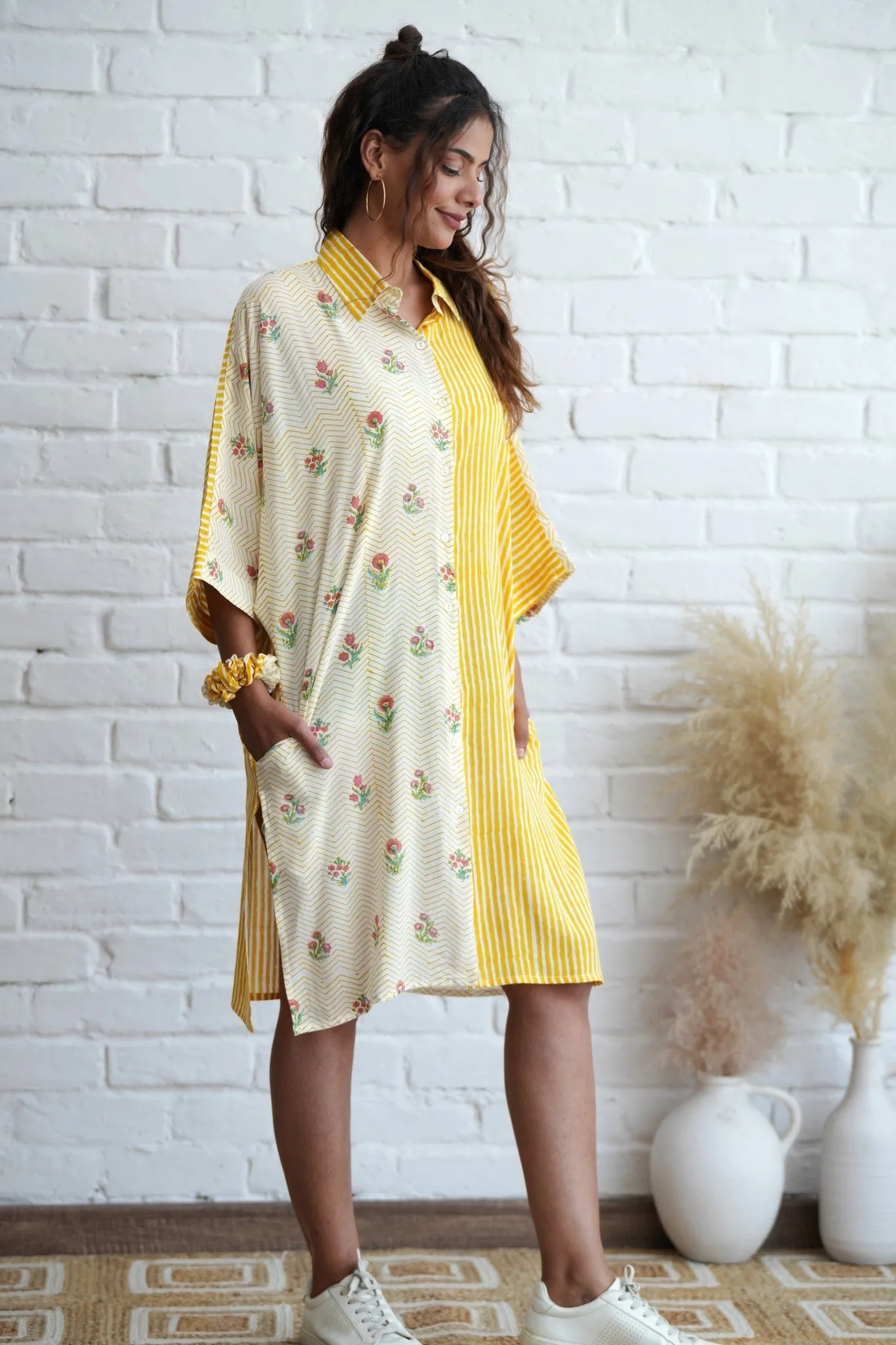 Krissy in Yellow Hand Block Printed Oversize Shirt