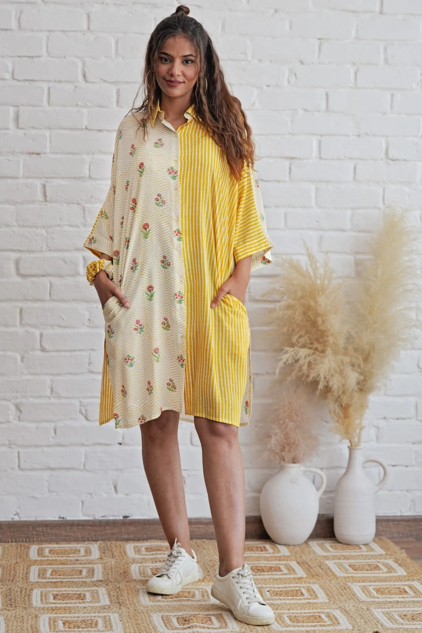 Krissy in Yellow Hand Block Printed Oversize Shirt