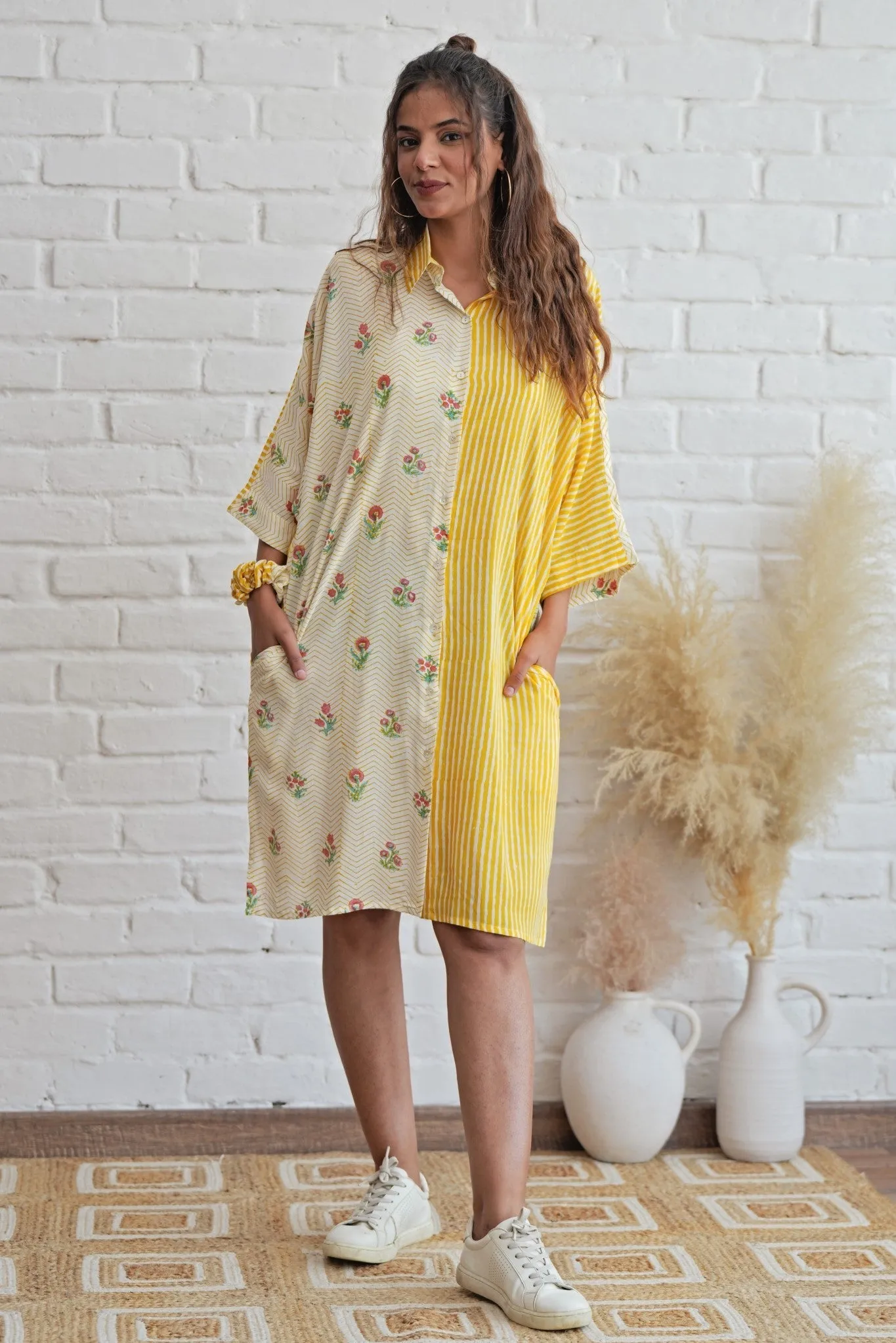 Krissy in Yellow Hand Block Printed Oversize Shirt