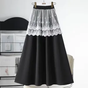 Lace Curtain Ice Silk High Waist Mid Cutout Skirt