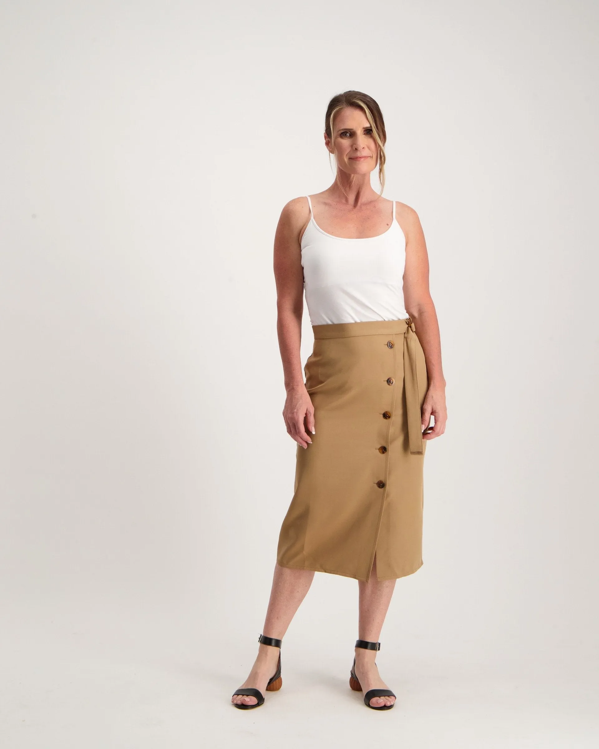 Ladies Button Front Belted Skirt  - Tan