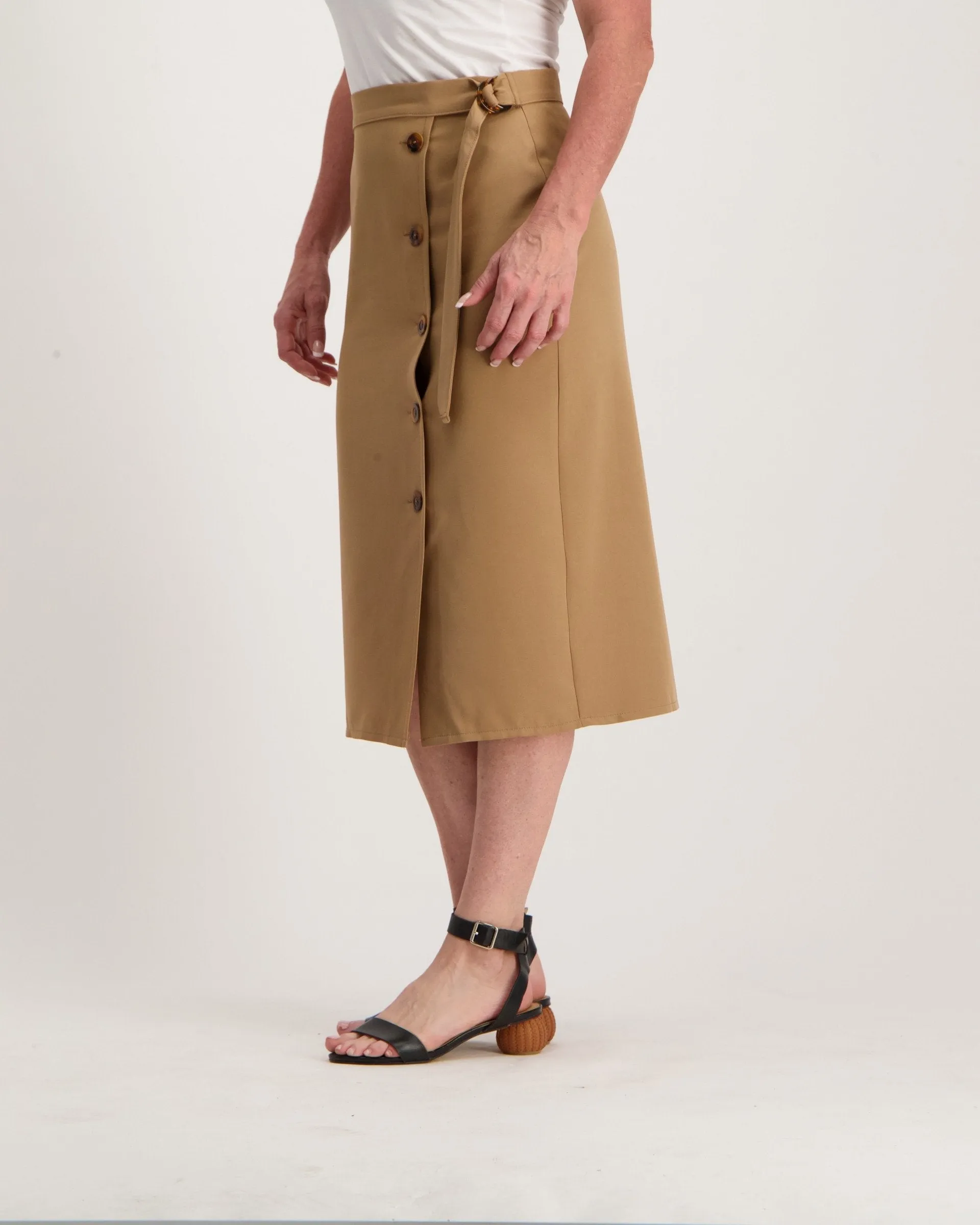 Ladies Button Front Belted Skirt  - Tan