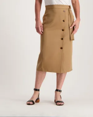 Ladies Button Front Belted Skirt  - Tan