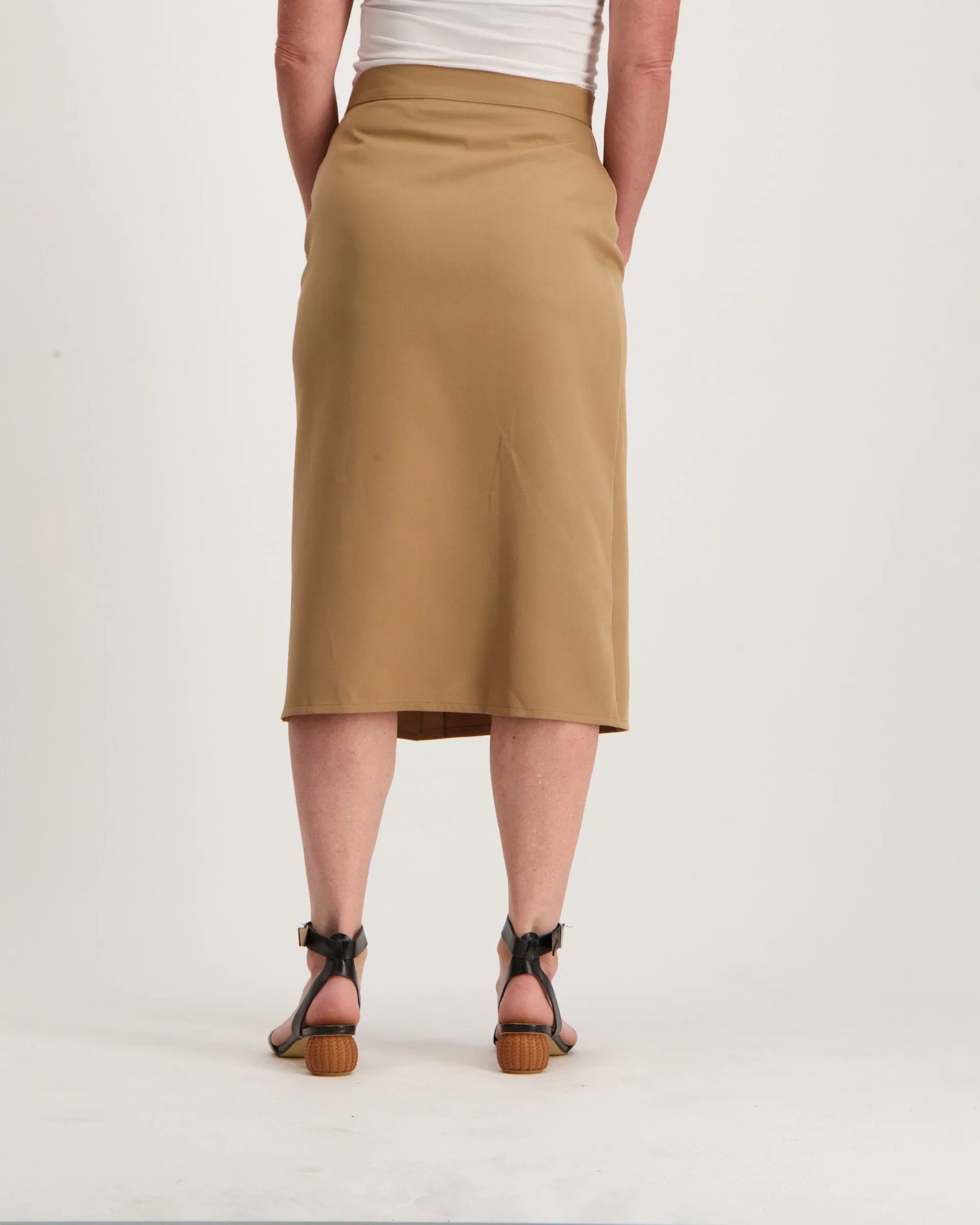 Ladies Button Front Belted Skirt  - Tan