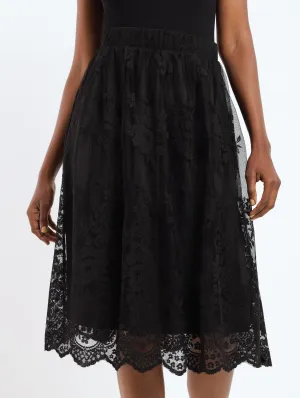 Ladies Mesh Lace Floral Midi Skirt - Black