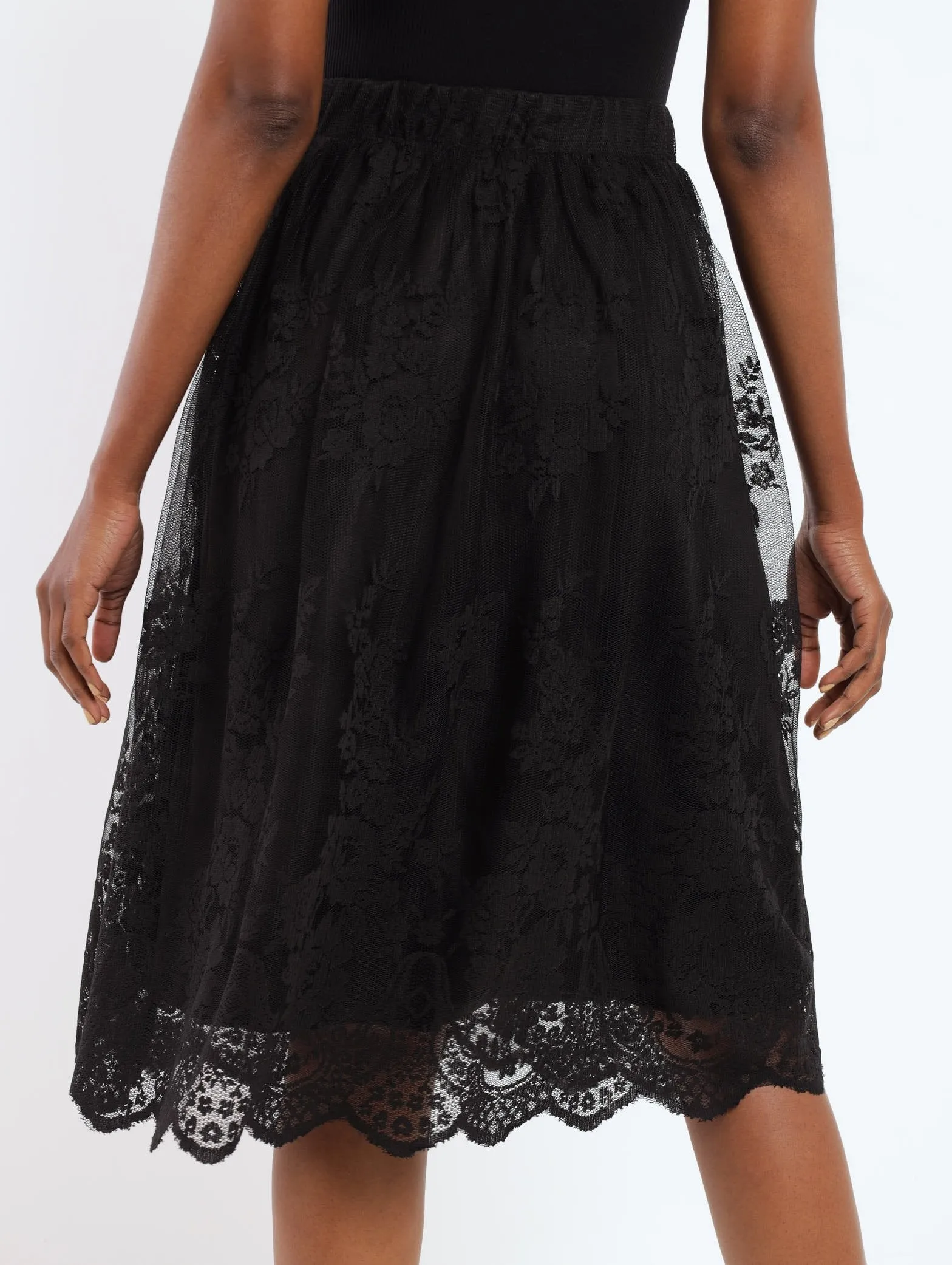 Ladies Mesh Lace Floral Midi Skirt - Black