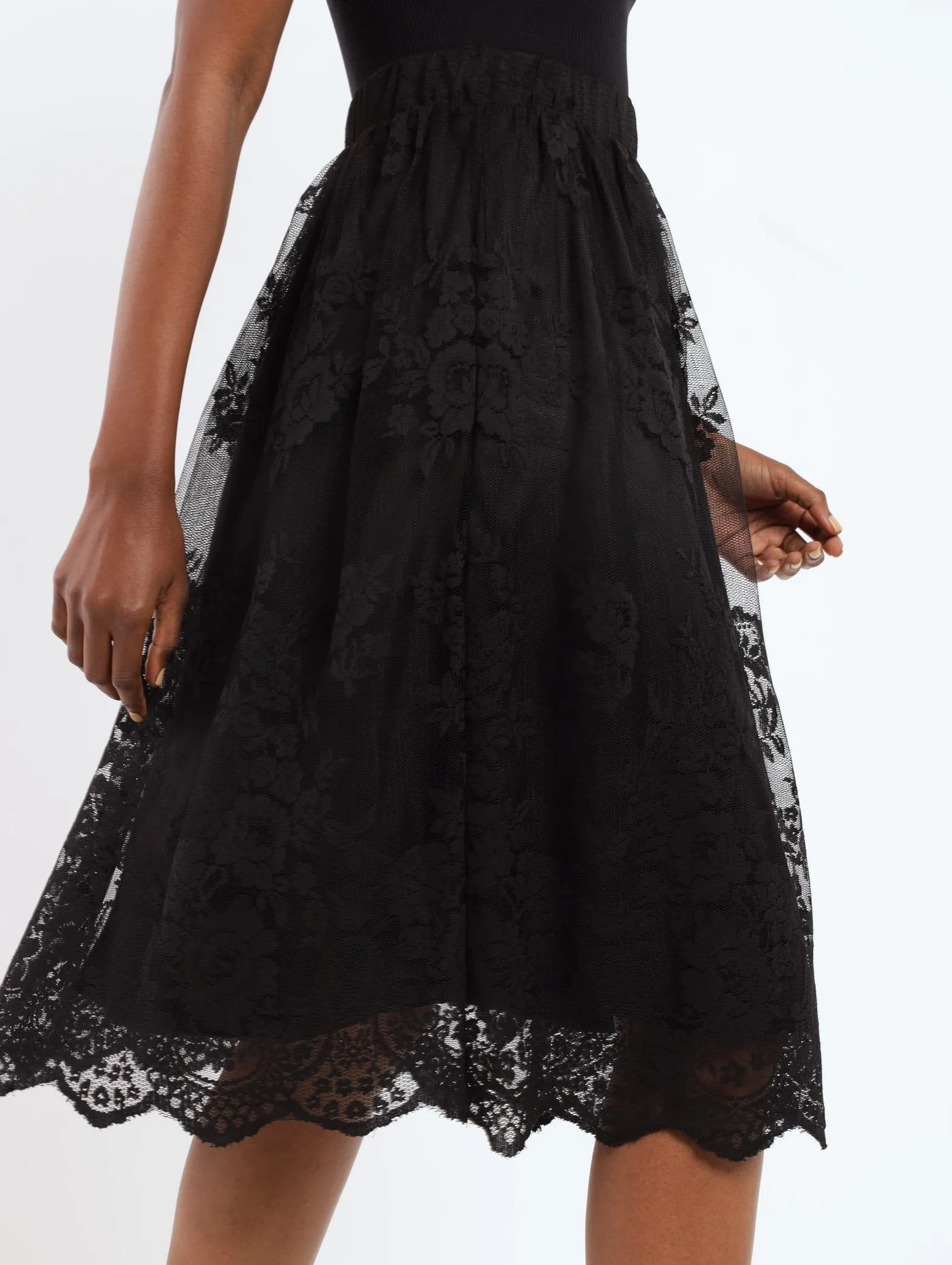 Ladies Mesh Lace Floral Midi Skirt - Black