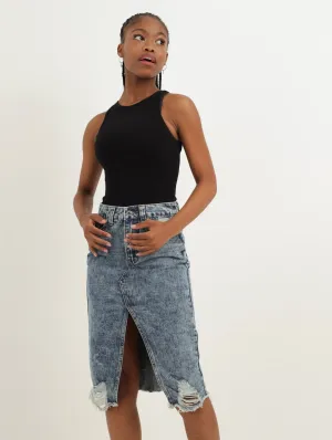 Ladies Rigid Denim Midi Skirt - Medium Wash