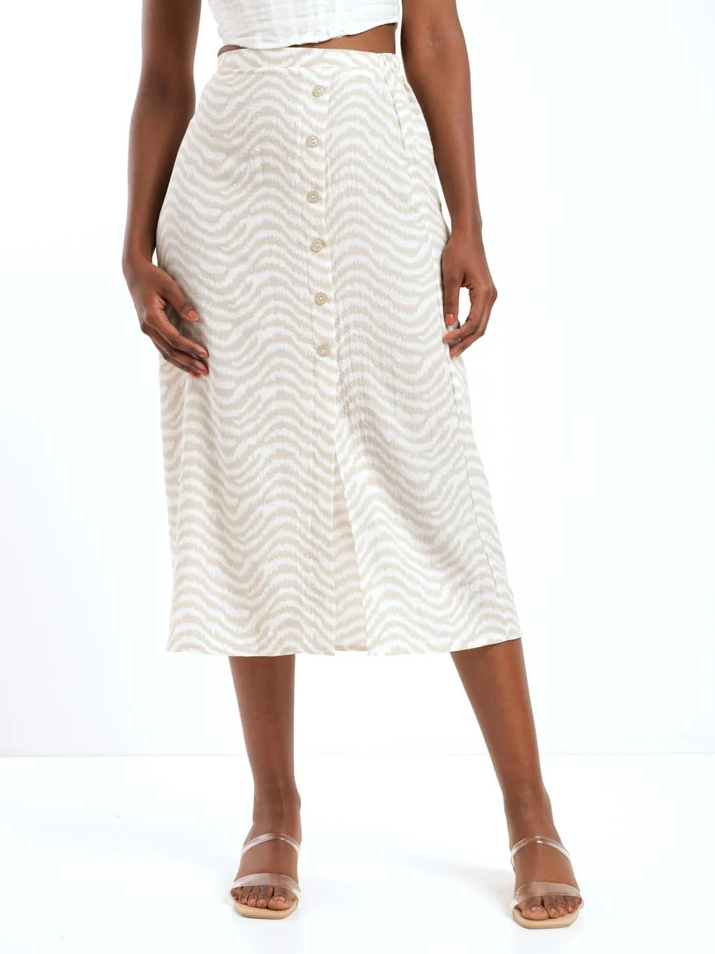 Ladies Side Button Zebra Midi Skirt
