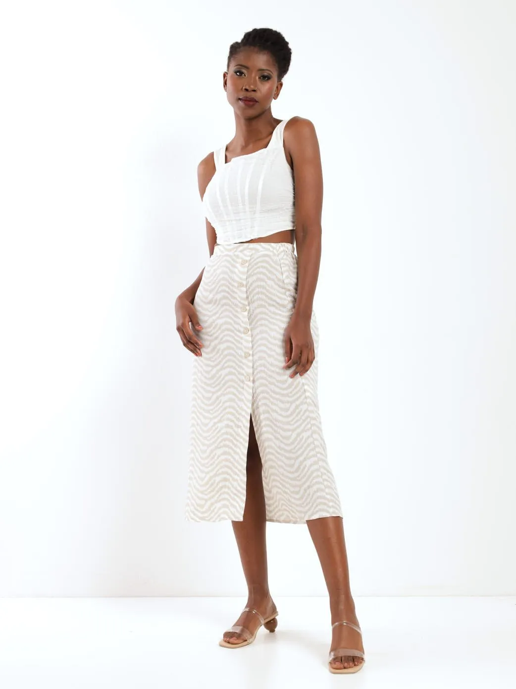 Ladies Side Button Zebra Midi Skirt