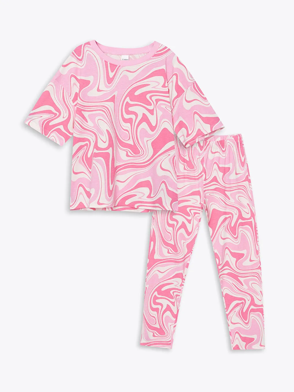 LCW Kids Pink Crew Neck Printed Girls Pajama Set