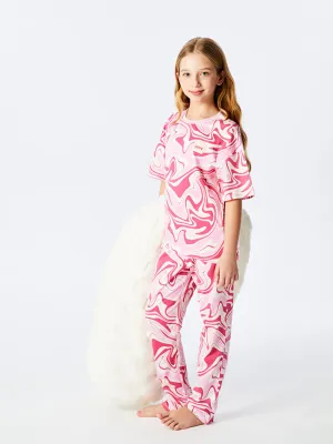 LCW Kids Pink Crew Neck Printed Girls Pajama Set