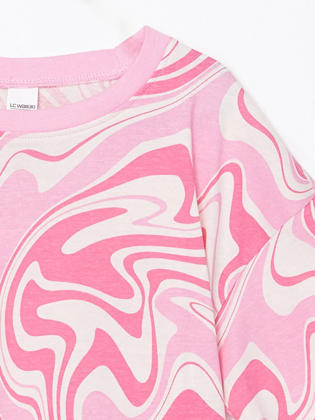 LCW Kids Pink Crew Neck Printed Girls Pajama Set