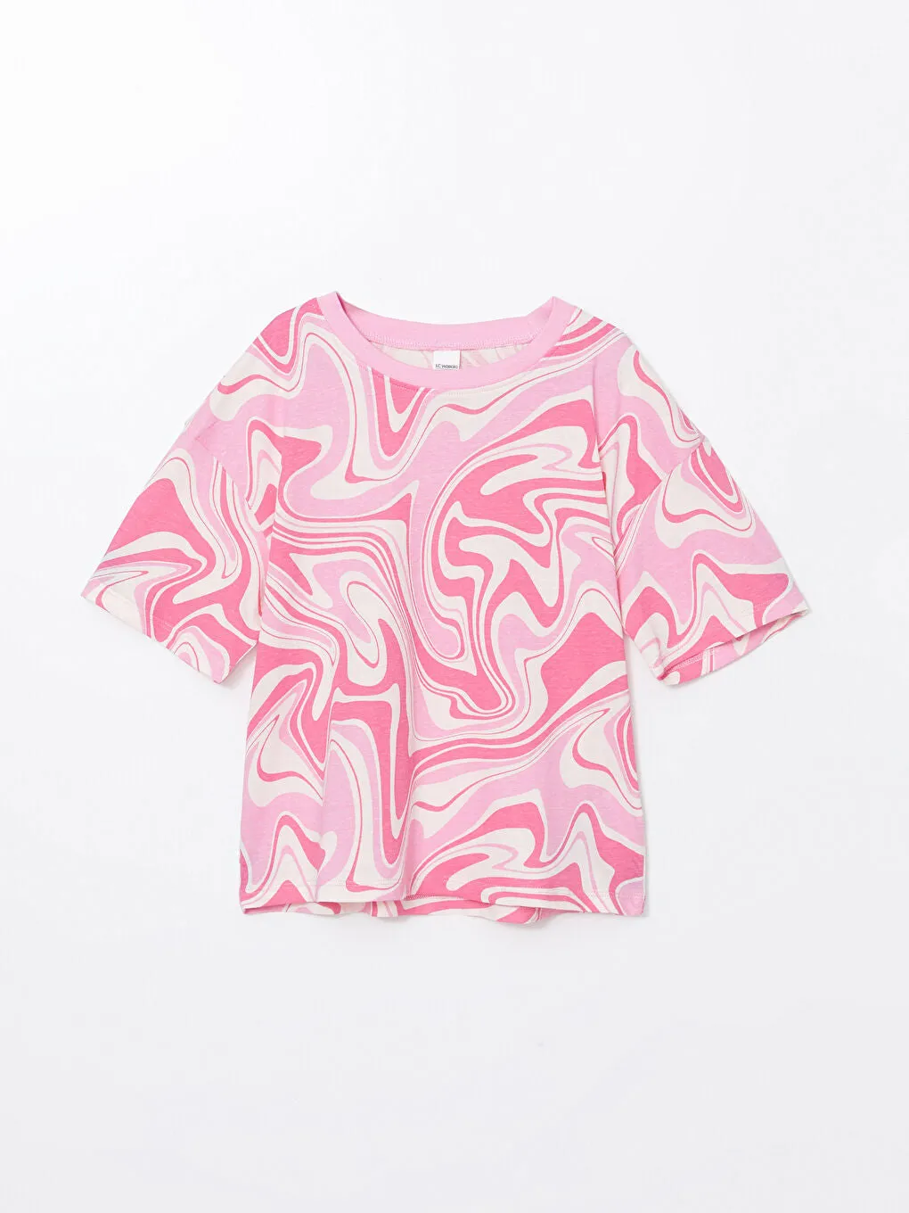 LCW Kids Pink Crew Neck Printed Girls Pajama Set