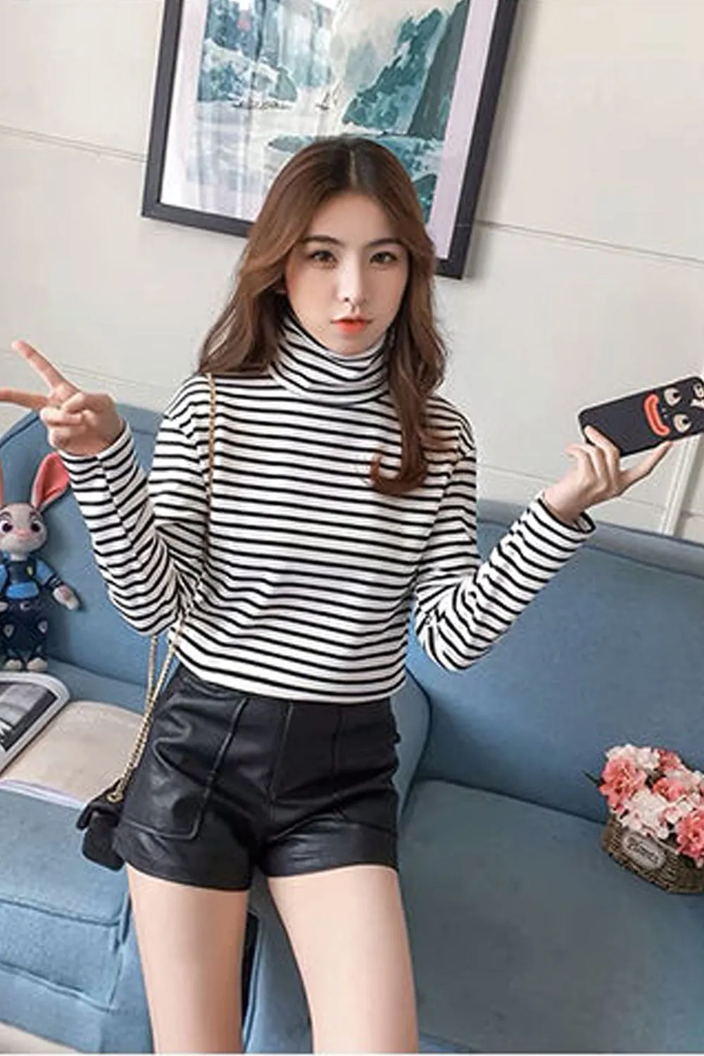 Long Sleeve Simple Striped Turtleneck Shirts
