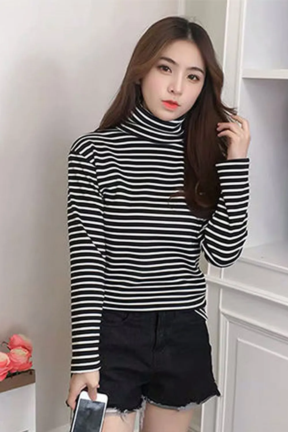 Long Sleeve Simple Striped Turtleneck Shirts