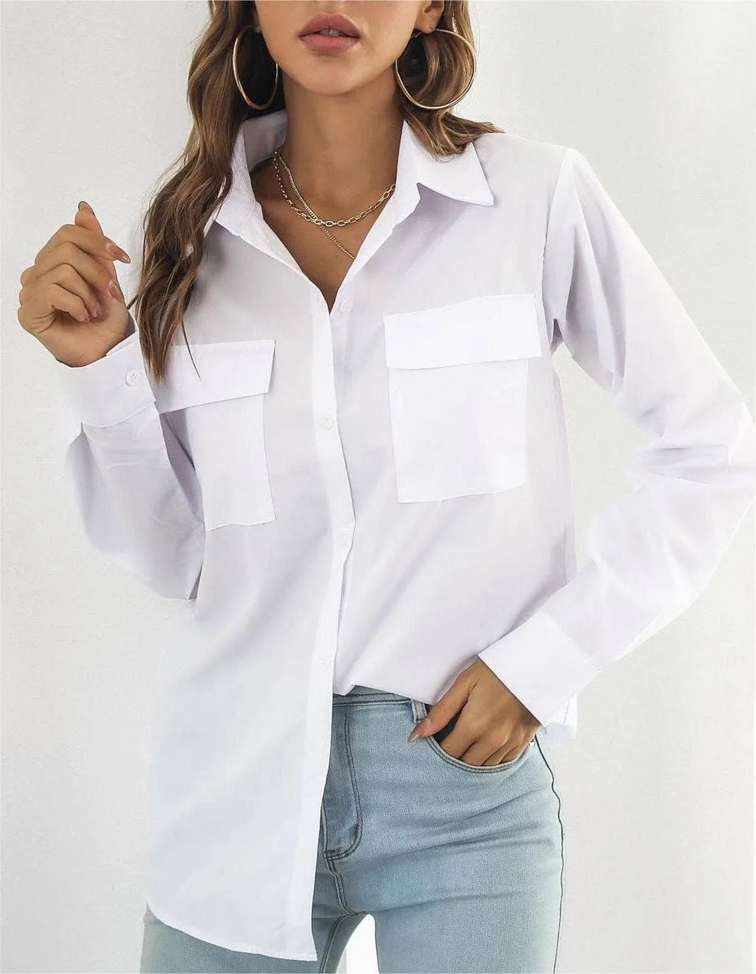 Long-sleeved midi shirt blouse top women