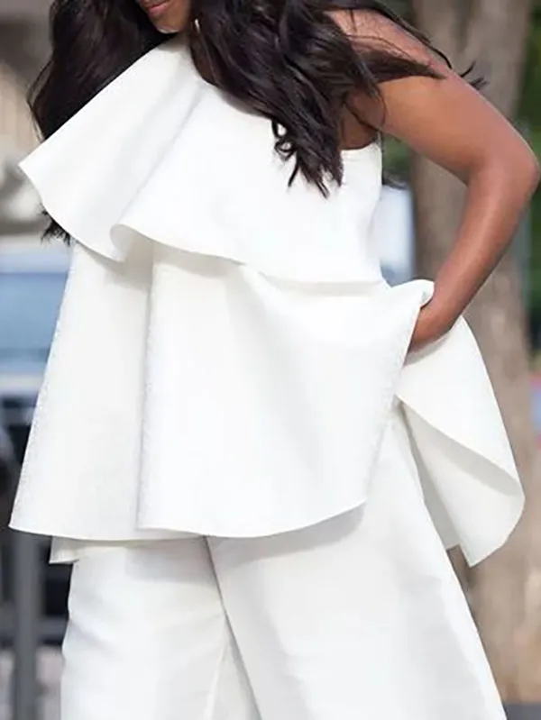 Loose Sleeveless Asymmetric Double Layered Solid Color One-shoulder Vest Top
