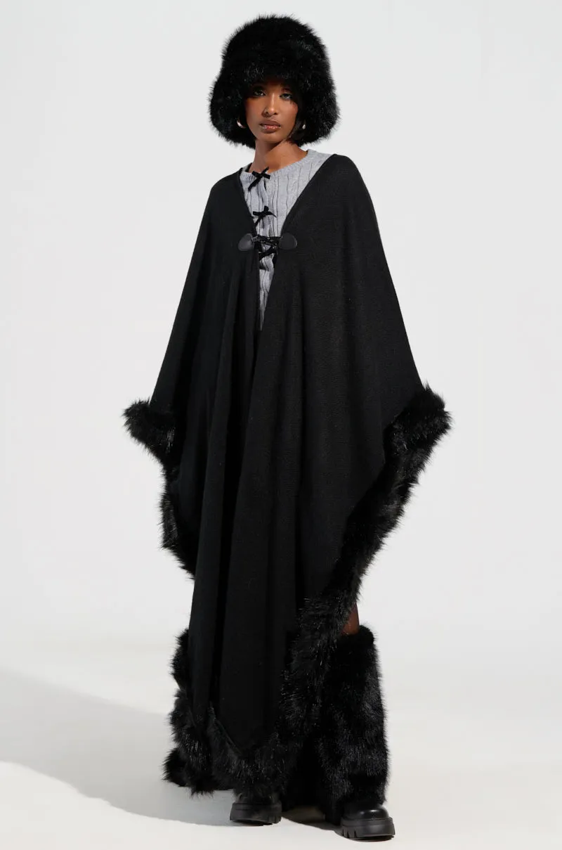 LOVE MY LIFE FAUX FUR TRIM PONCHO