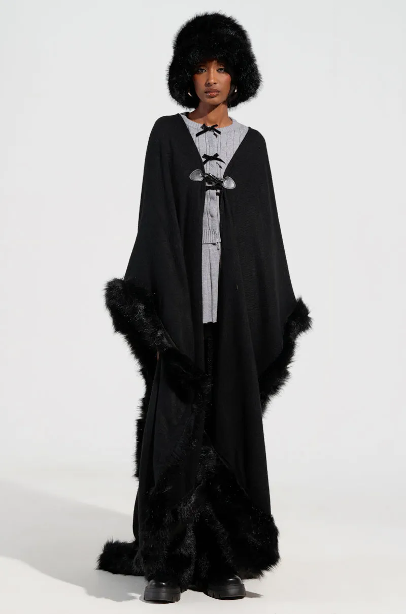 LOVE MY LIFE FAUX FUR TRIM PONCHO