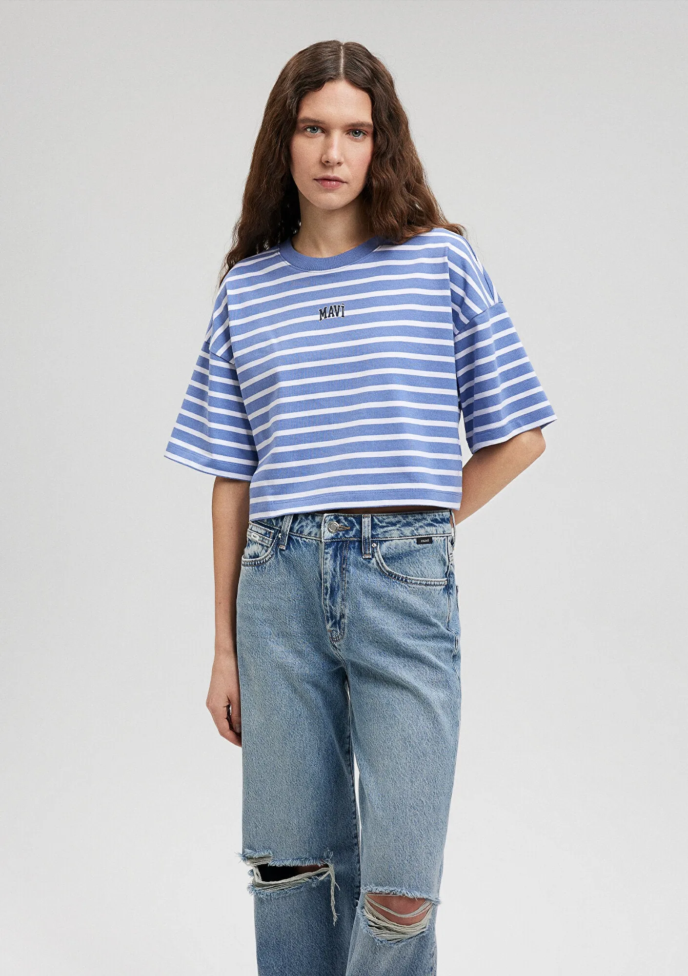 Mavi Logo Printed Striped Blue T-Shirt