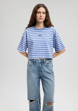Mavi Logo Printed Striped Blue T-Shirt