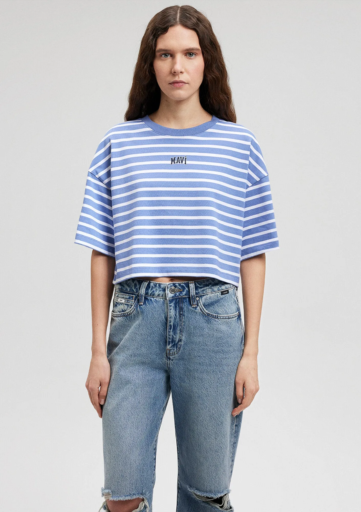 Mavi Logo Printed Striped Blue T-Shirt