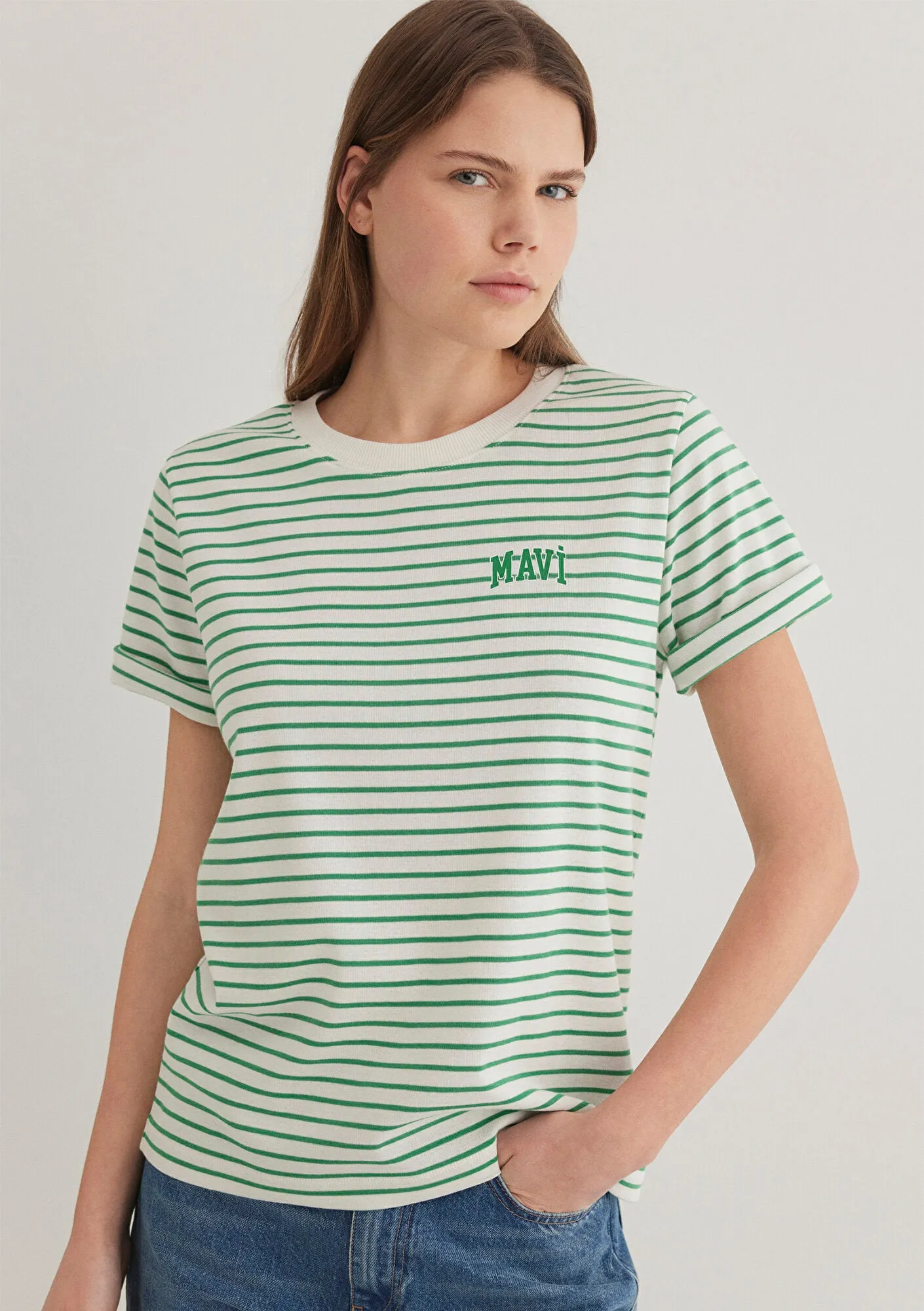 Mavi Logo Printed Striped Green T-Shirt