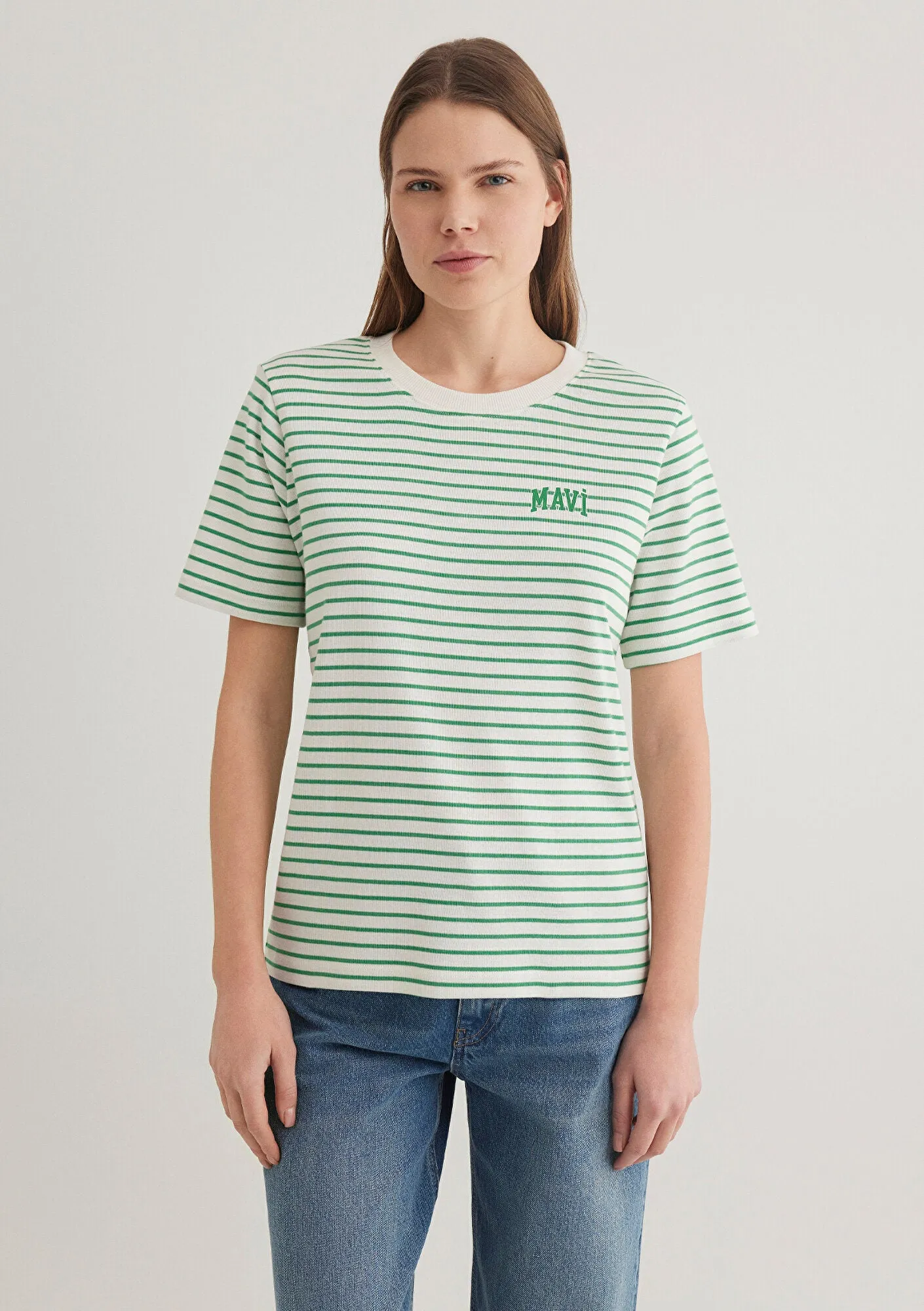 Mavi Logo Printed Striped Green T-Shirt