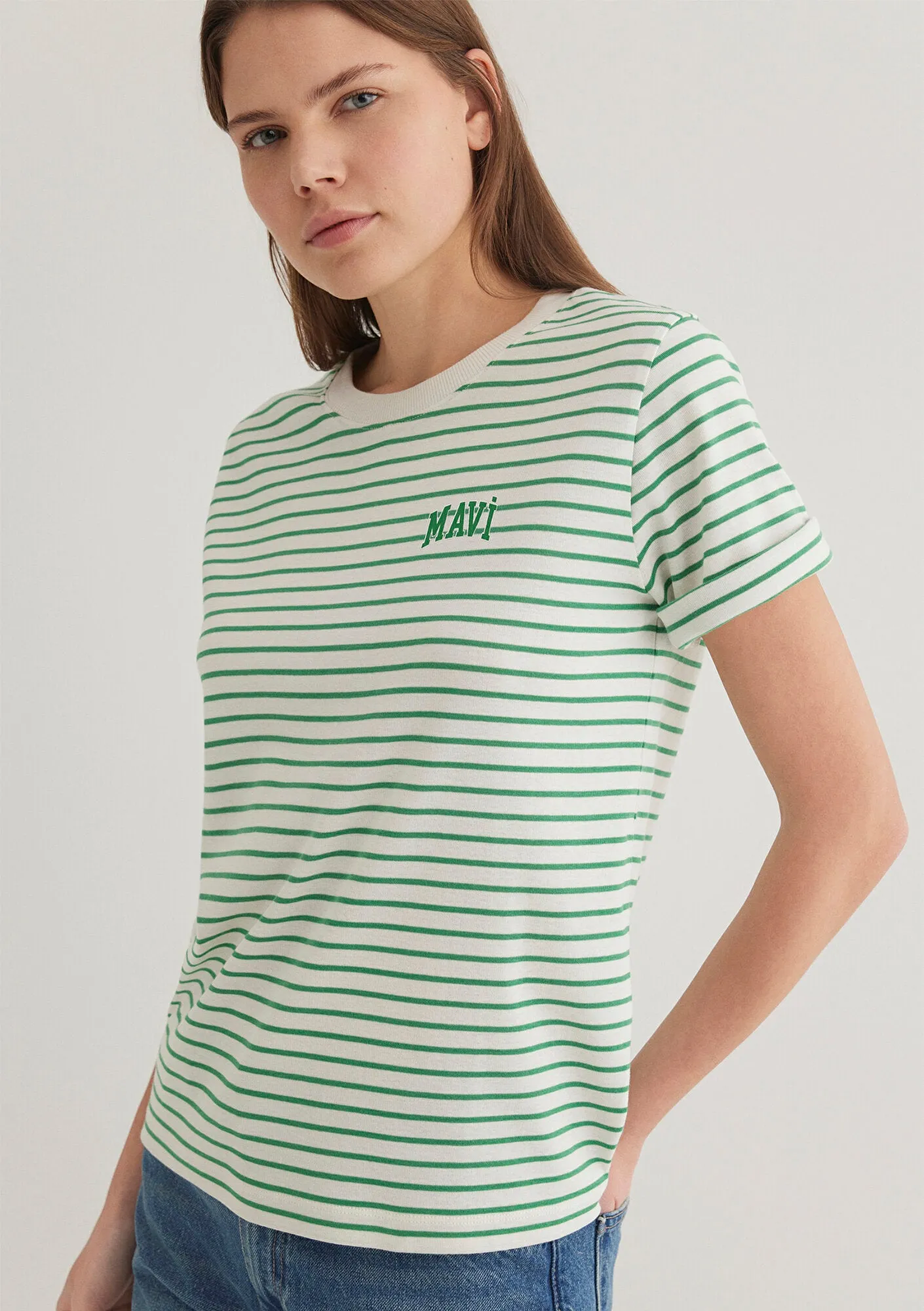 Mavi Logo Printed Striped Green T-Shirt