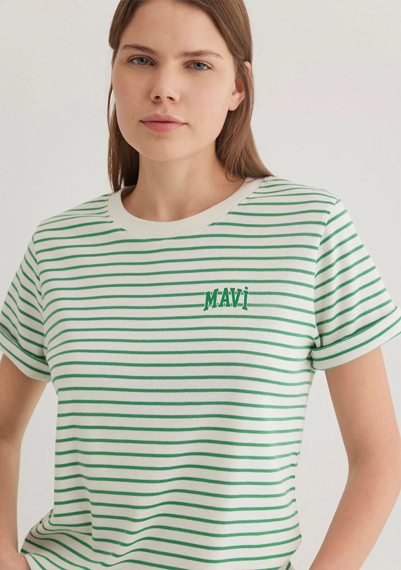 Mavi Logo Printed Striped Green T-Shirt