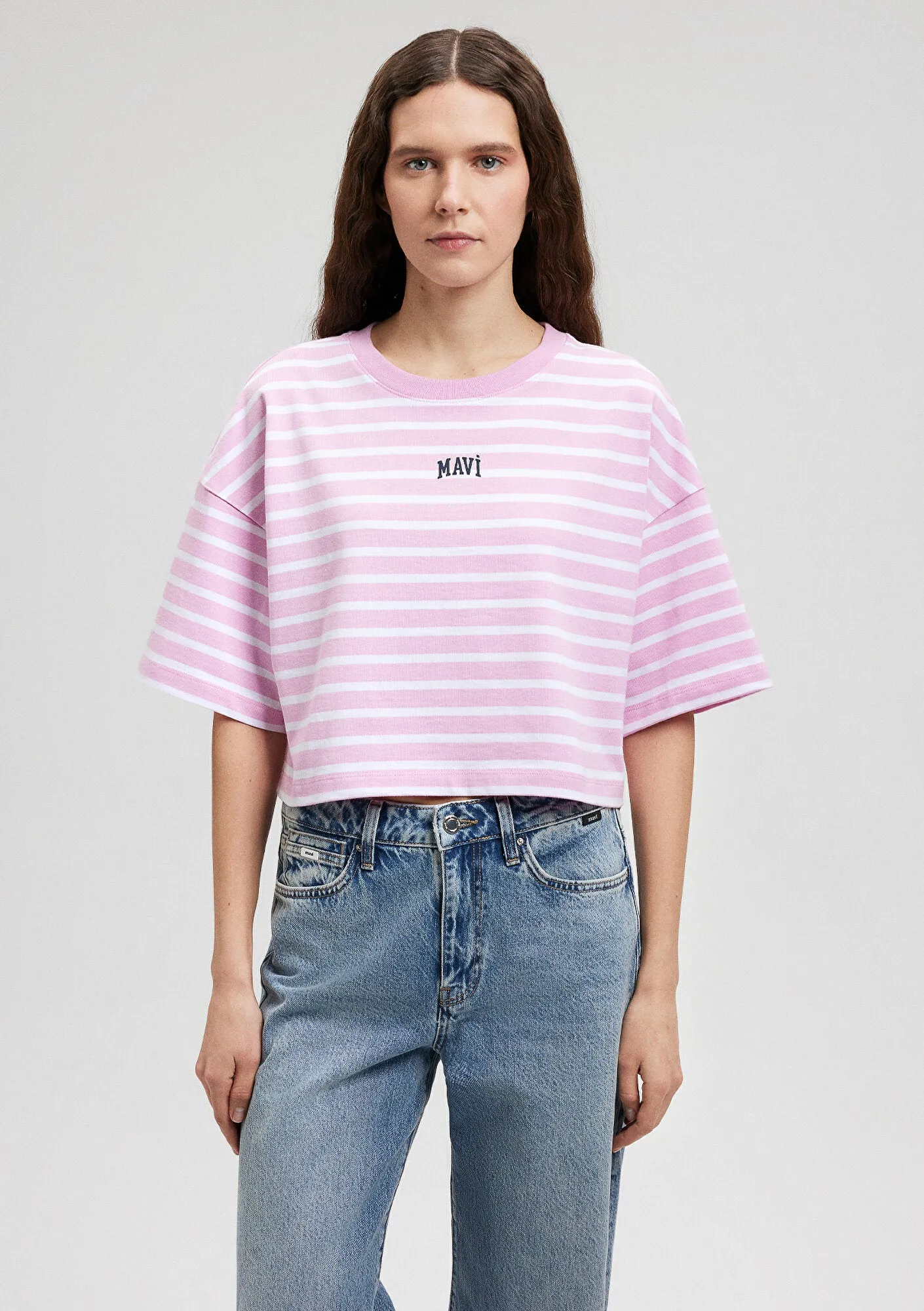 Mavi Logo Printed Striped Pink T-Shirt