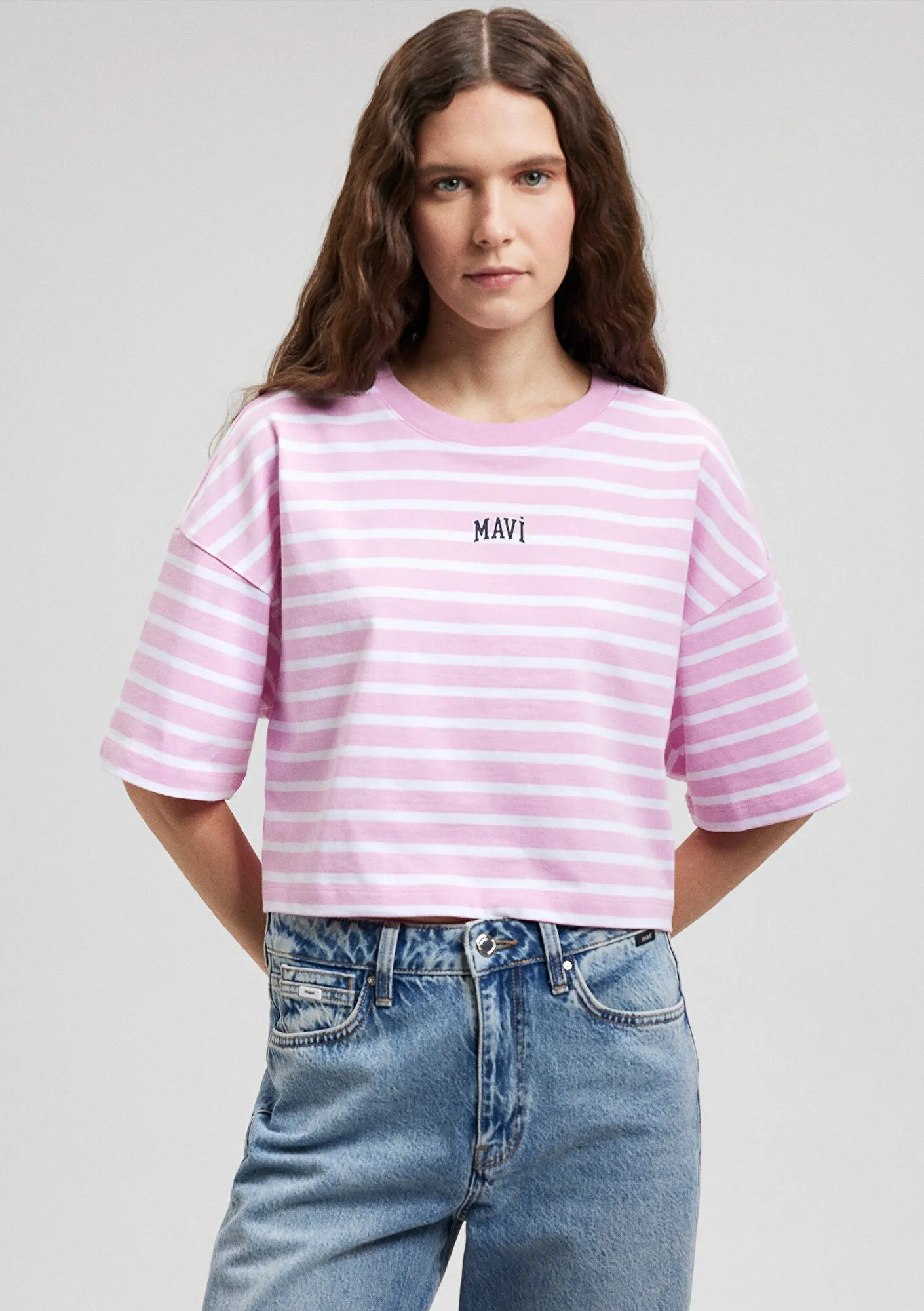 Mavi Logo Printed Striped Pink T-Shirt