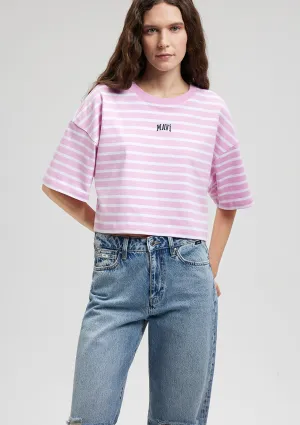 Mavi Logo Printed Striped Pink T-Shirt