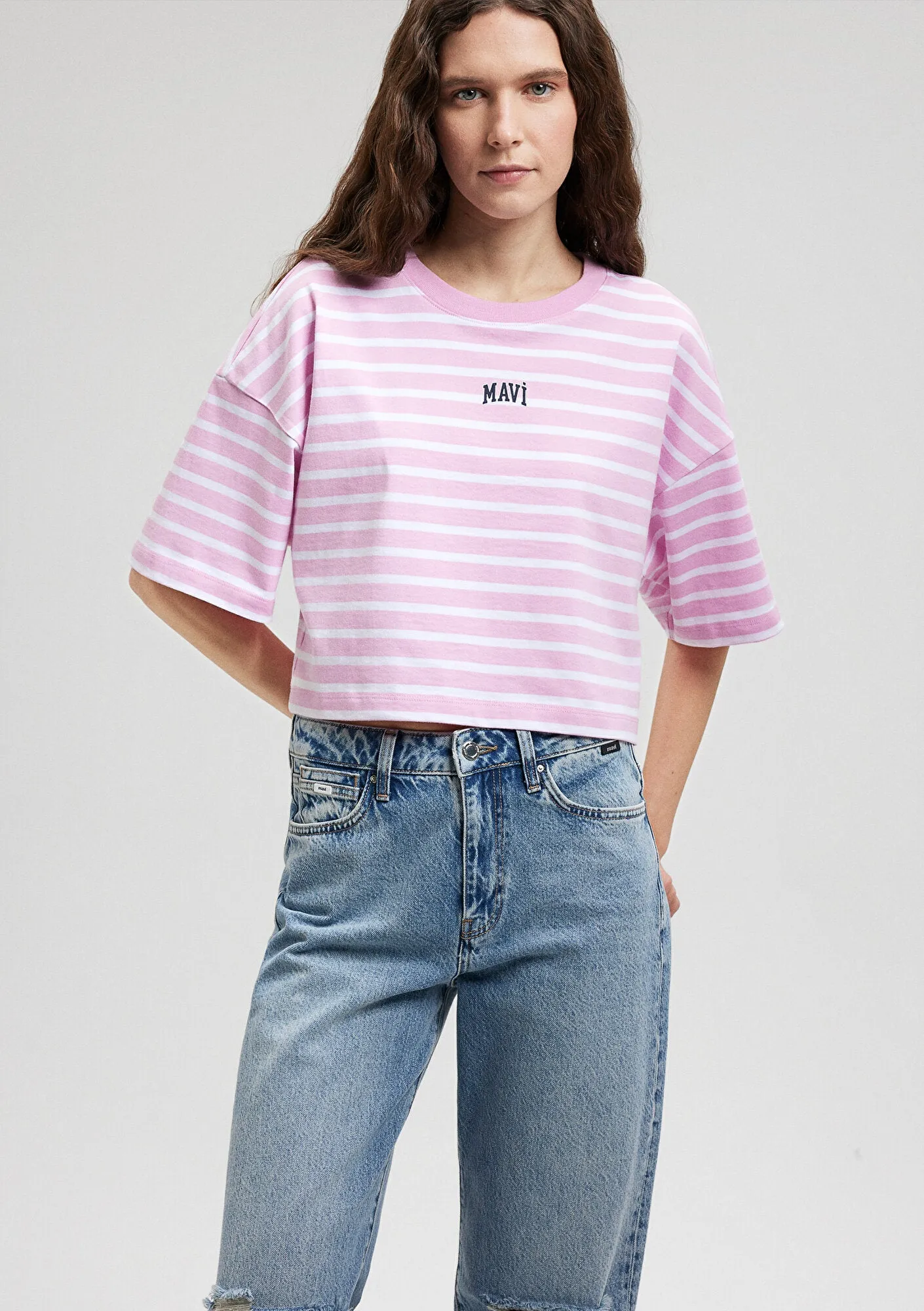 Mavi Logo Printed Striped Pink T-Shirt