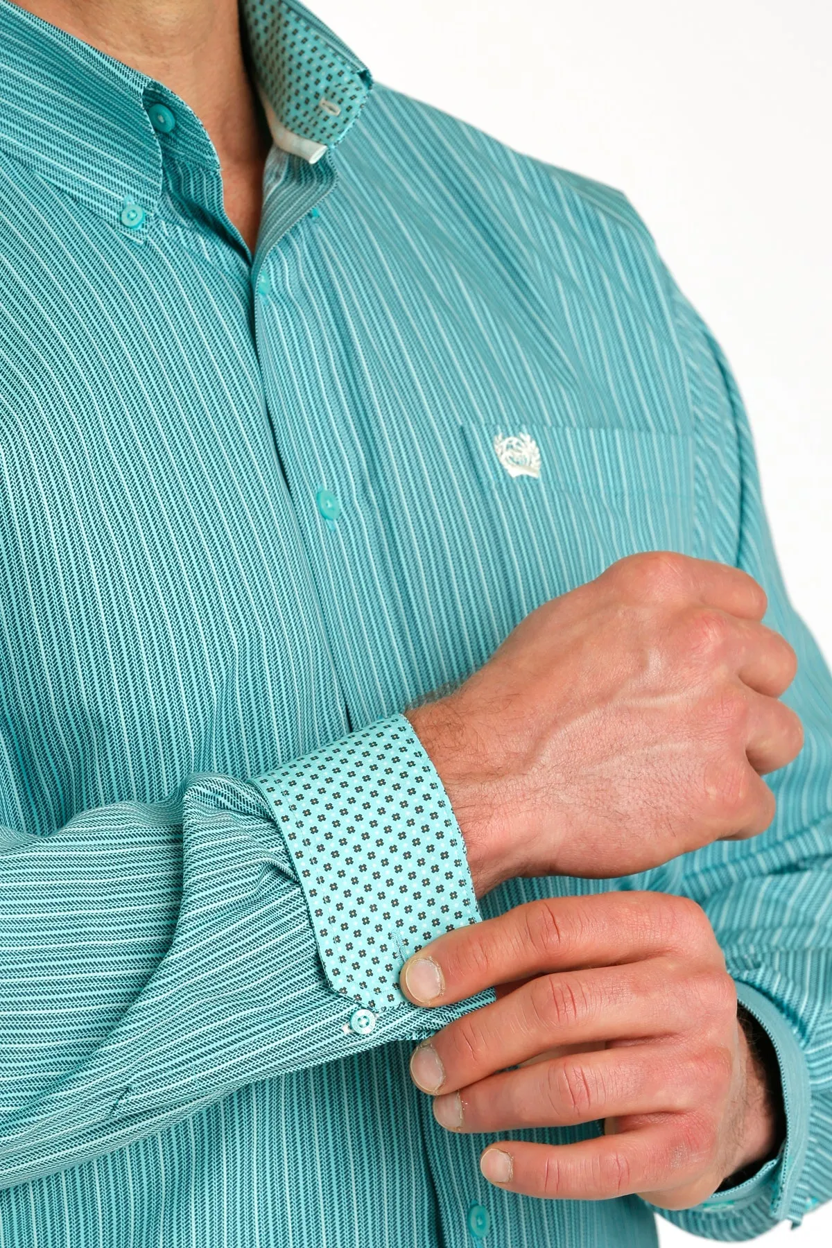 MENS AQUA STRIPE CINCH LONG SLEEVE SHIRT