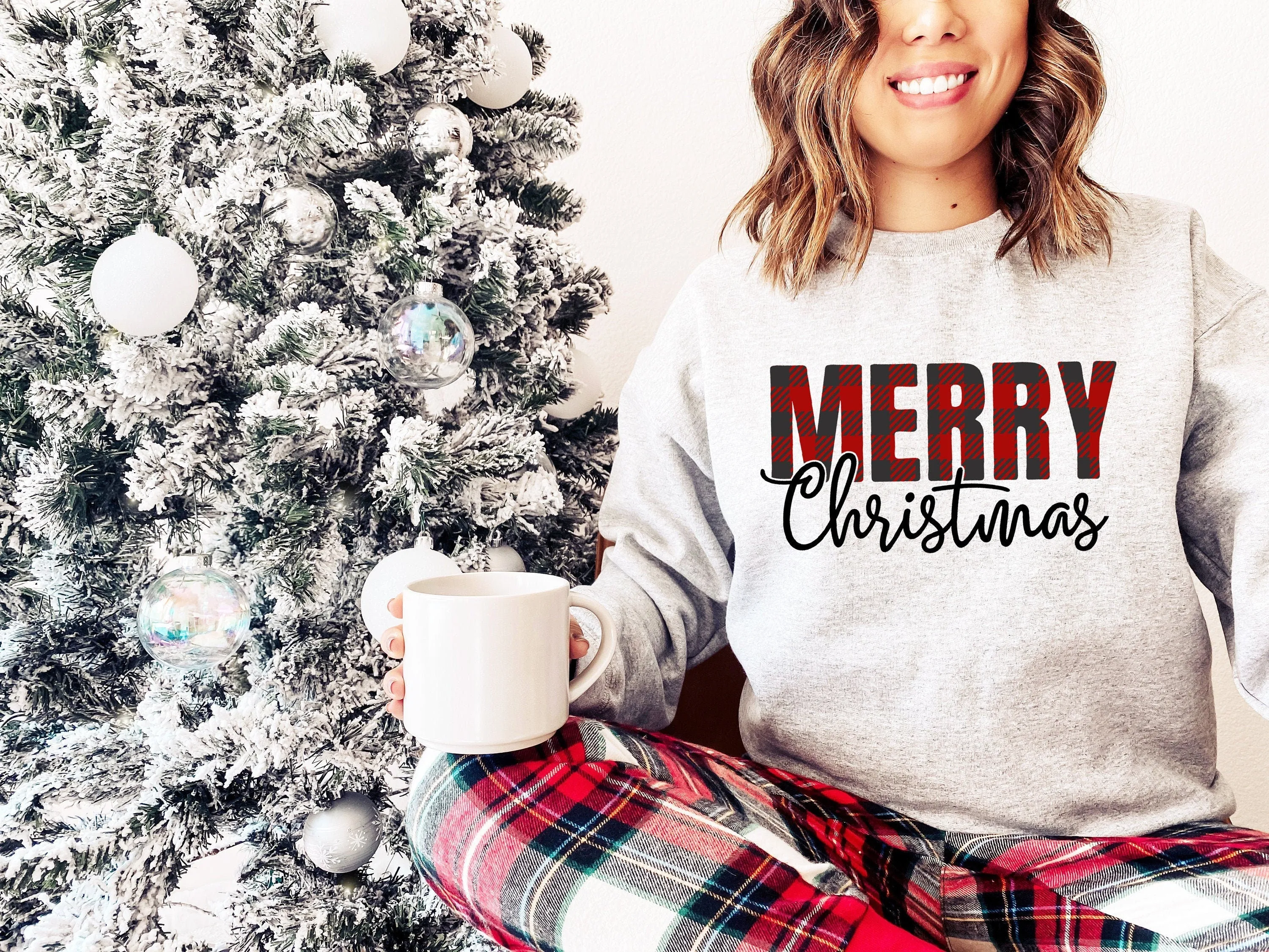 Merry Christmas Womens Buffalo Plaid Sweatshirt