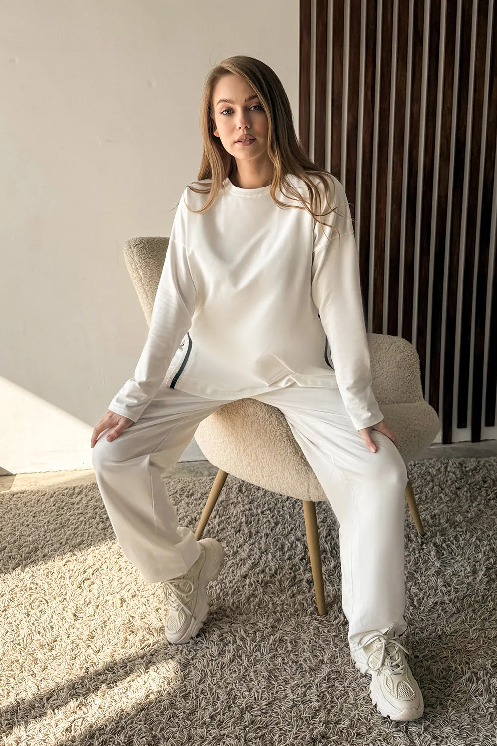 Milk suit with contrasting stripes